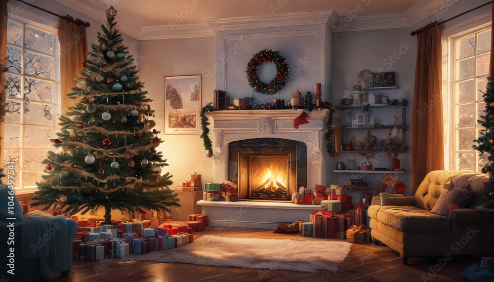 A cozy living room decorated for Christmas with a beautifully lit tree and a warm fireplace filled with gifts during winter evenings A cozy living room decorated for Christmas with a beautifully lit tree and a warm fireplace filled with gifts during winter evenings