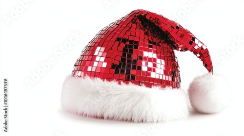 A sparkling red Santa hat adorned with sequins and a fluffy white trim, perfect for festive celebrations.