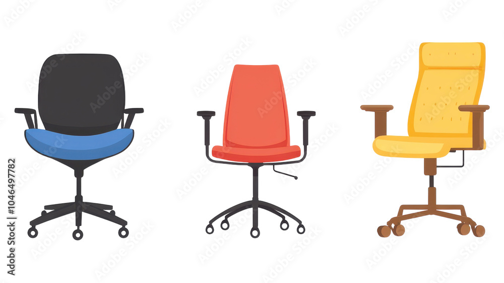 Various ergonomic office chairs in diverse colors and designs displayed against a transparent background. Various ergonomic office chairs in diverse colors and designs displayed against a transparent background.