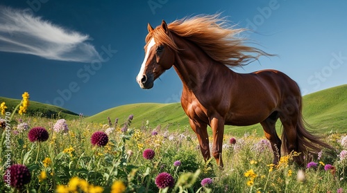 Majestic Brown Horse Standing Gracefully in Vibrant Mountain Meadow Landscape with Colorful Wildflowers and Clear Blue Sky