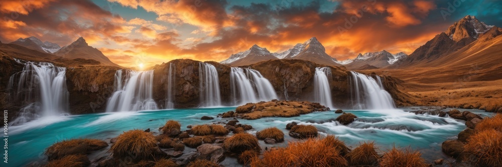 Fototapeta premium Majestic Waterfall and Mountain Landscape at Sunset with Cloudy sky