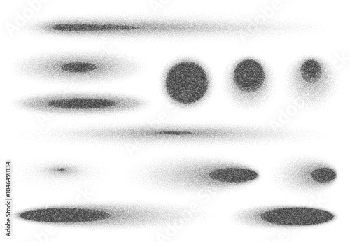Spray noise grain circle and oval figures, halftone shapes with spray effect creates smooth gradient brush that transition from dense to sparse. 3d vector abstract dotwork with pointillism sand effect