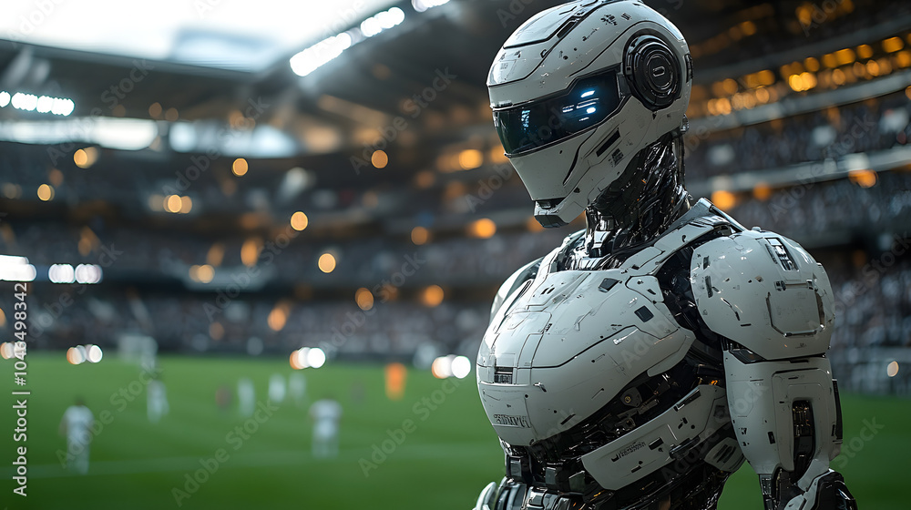 A Futuristic Robot Standing on a Football Field, Observing Players as They Engage in an Intense Match, Highlighting the Intersection of Technology and Sports in a Dynamic Environment.
