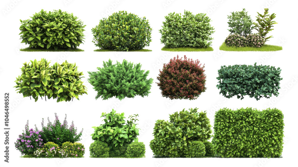 Fototapeta premium A collection of diverse shrubbery varieties showcasing lush green and vibrant foliage suitable for landscape design or gardening in various settings.