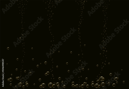 Golden bubbles of champagne, beer, or sparkling water rise to the top. Realistic 3D vector.