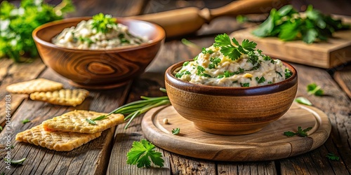 Creamy Herb Dip with Rustic Crackers and Wood Serving Bowl