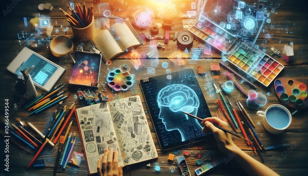Creative Chaos: A Desk Filled with Notebooks, Paints, and AI Displays as Floating Symbols Enhance the Artistic Process Creative Chaos: A Desk Filled with Notebooks, Paints, and AI Displays as Floating Symbols Enhance the Artistic Process