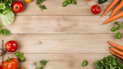 A vibrant arrangement of fresh vegetables on a wooden surface, showcasing tomatoes, carrots, lettuce, and herbs.
