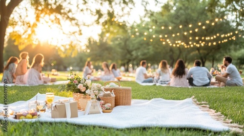 A serene outdoor picnic scene at sunset, featuring groups of people socializing, with blankets, baskets, and string lights creating a warm, inviting atmosphere.