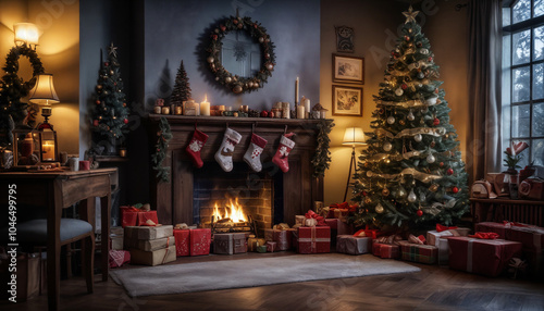 Festive living room decorated for Christmas with a tree, stockings, and gifts beside a cozy fireplace