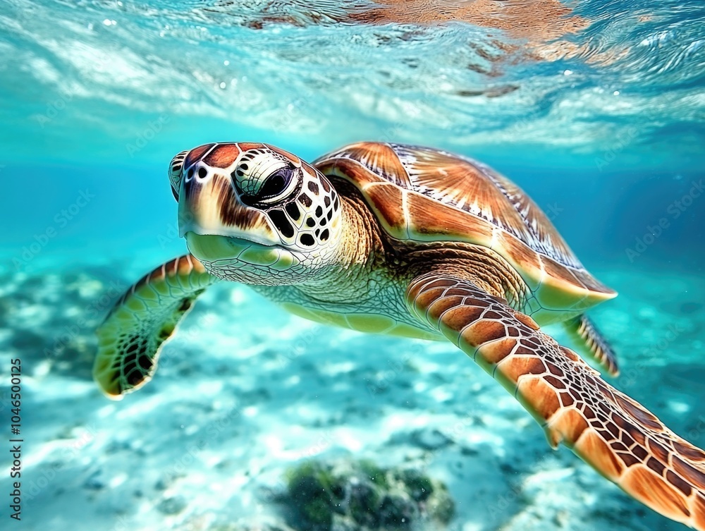 Fototapeta premium Turtle swimming in clear blue water