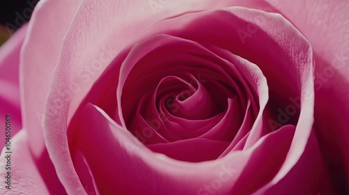 Close-up view of a pink rose, showcasing intricate layers of petals spiraling towards the center
