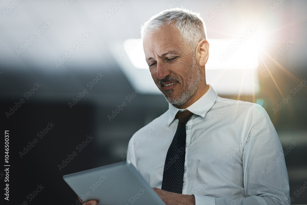 Office, night and mature businessman on tablet for research, planning and online project. Professional, corporate and male person on digital tech for internet, website and networking for proposal Office, night and mature businessman on tablet for research, planning and online project. Professional, corporate and male person on digital tech for internet, website and networking for proposal