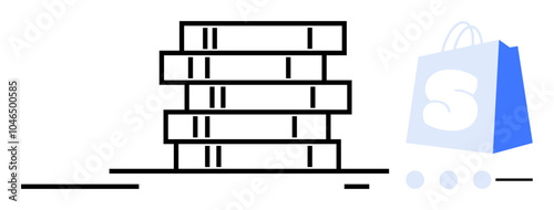 Stack of five books placed next to a blue shopping bag with the letter S on it. Ideal for themes related to education, online shopping, bookstores, literature, and minimalistic design. Simple line