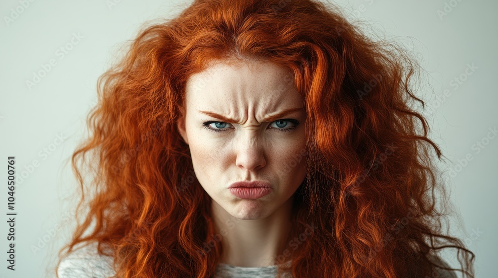 Naklejka premium girl 35 years old with long curly red hair, angry carton 