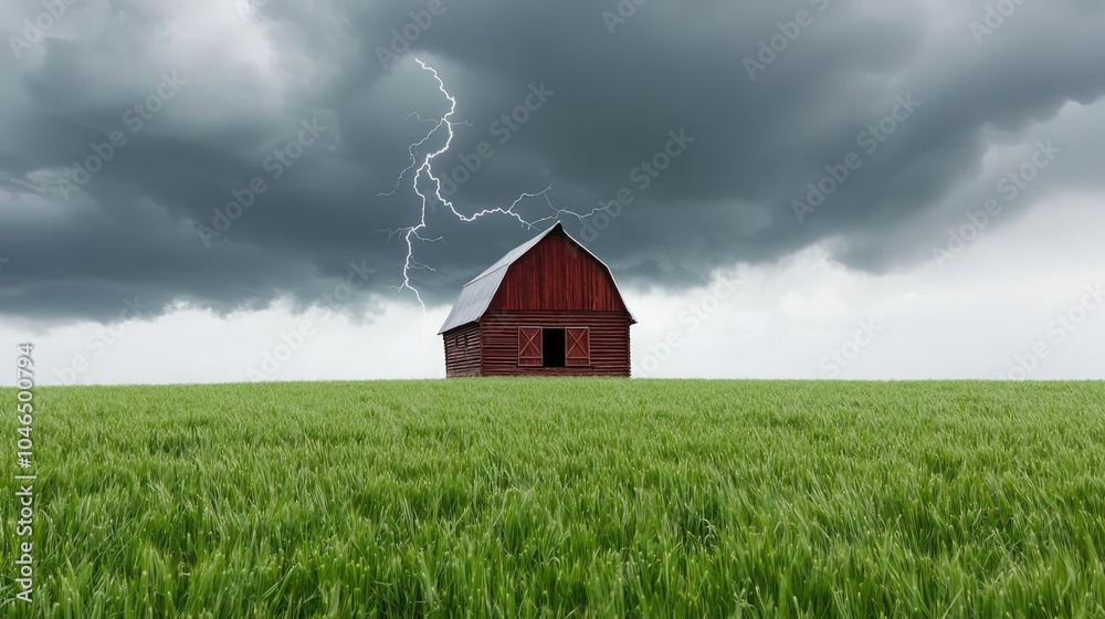 Red barn in a green field under a stormy sky with lightning. Red barn in a green field under a stormy sky with lightning.