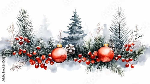 Watercolor Christmas and Winter Scene on White Background photo