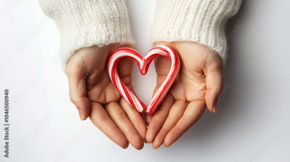 Fototapeta premium Heart-shaped candy cane held in hands, symbolizing love during Christmas