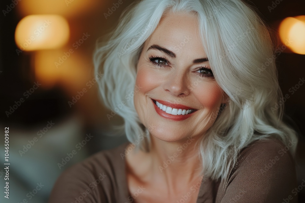 Portrait of a happy, smiling middle-aged woman looking at the camera. Close-up headshot of a beautiful senior female model with white hair and good teeth Portrait of a happy, smiling middle-aged woman looking at the camera. Close-up headshot of a beautiful senior female model with white hair and good teeth