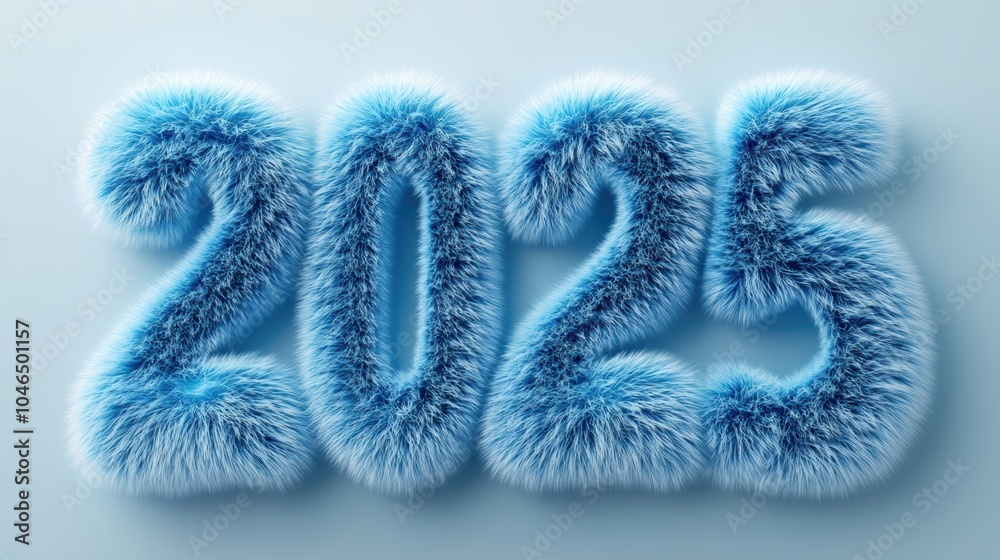 Fototapeta premium Furry and fluffy text art representing the year 2025 in a soft blue color against a light background, conveying a cheerful and festive atmosphere for the upcoming year