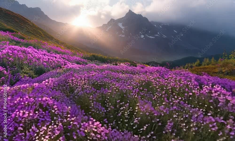 A vibrant field of purple flowers with mountains and sunlight in the background.