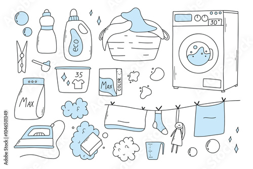 Set of laundry items in doodle style. Linear collection of laundry items. Vector illustration. Isolated elements on a white background.