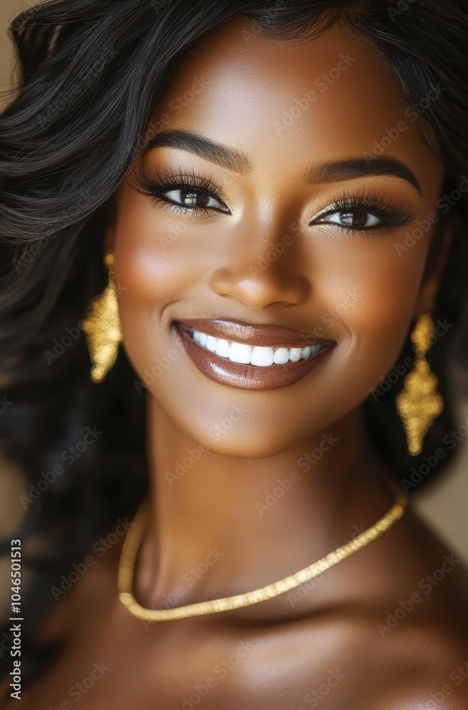 African American woman black wavy, brown skin, wearing gold jewelry, she is smiling at the camera. She has long eyelashes and beautiful lips African American woman black wavy, brown skin, wearing gold jewelry, she is smiling at the camera. She has long eyelashes and beautiful lips