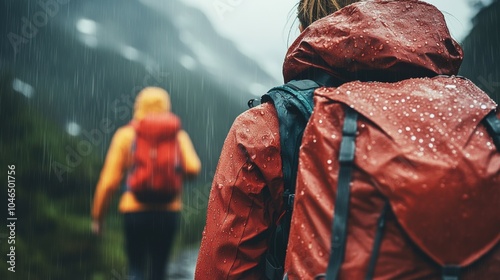 Hikers exploring a misty mountain trail in the rain wearing waterproof jackets during an outdoor adventure in the wilderness