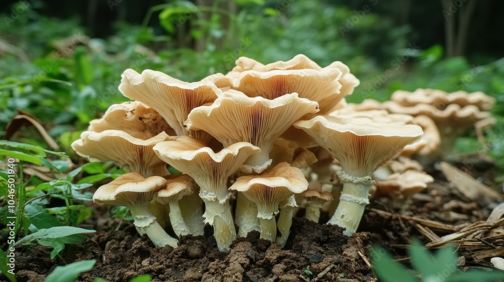 A cluster of wild mushrooms growing on the forest floor during the early morning, surrounded by lush greenery and damp soil A cluster of wild mushrooms growing on the forest floor during the early morning, surrounded by lush greenery and damp soil