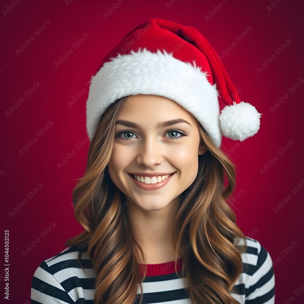Festive Cheer - Smiling Woman in Santa Hat and Striped Shirt Festive Cheer - Smiling Woman in Santa Hat and Striped Shirt