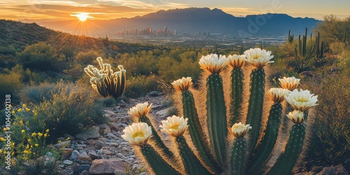 Fototapeta Naklejka Na Ścianę i Meble -   flowering saguaro cacti on mountain nature trail in Arizona.