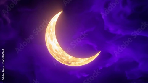 Glowing crescent moon in a mystical purple sky