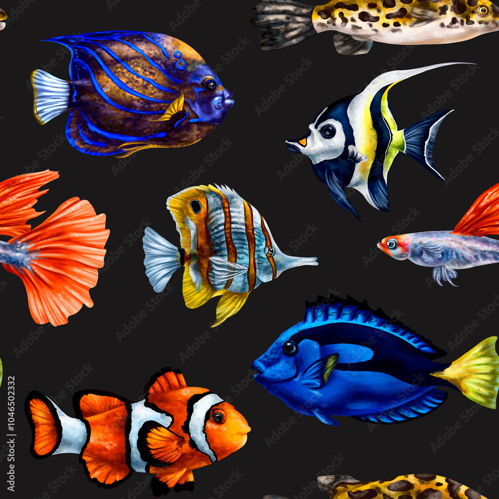 Seamless pattern with bright tropical colorful fish. Marine underwater life, travel, diving and snorkeling are exotic places. Illustrations for textiles, banners, wrapping paper, wallpaper