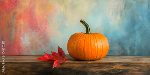 Pumpkin and Autumn Leaf on Rustic Surface photo