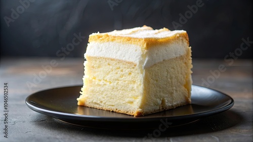 A single slice of airy sponge cake with fluffy frosting, resting on a black plate, ready for a sweet indulgence.