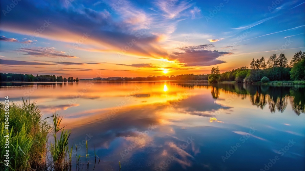 Softly fading light of sunset casting long shadows across a serene lake at dusk, natural beauty, peaceful scene, soft light, sunset Softly fading light of sunset casting long shadows across a serene lake at dusk, natural beauty, peaceful scene, soft light, sunset