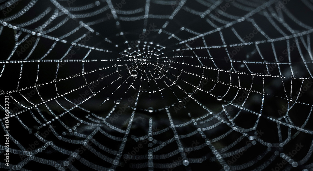 Fototapeta premium Spider web with dew drops on threads, top view