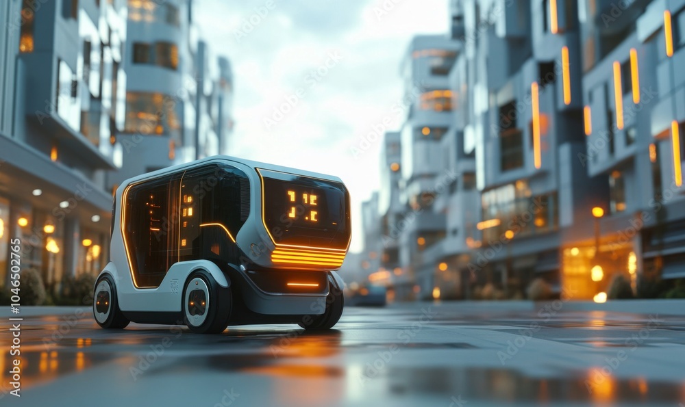 Fototapeta premium Autonomous delivery robot navigating city streets, revolutionizing urban logistics, 3D illustration