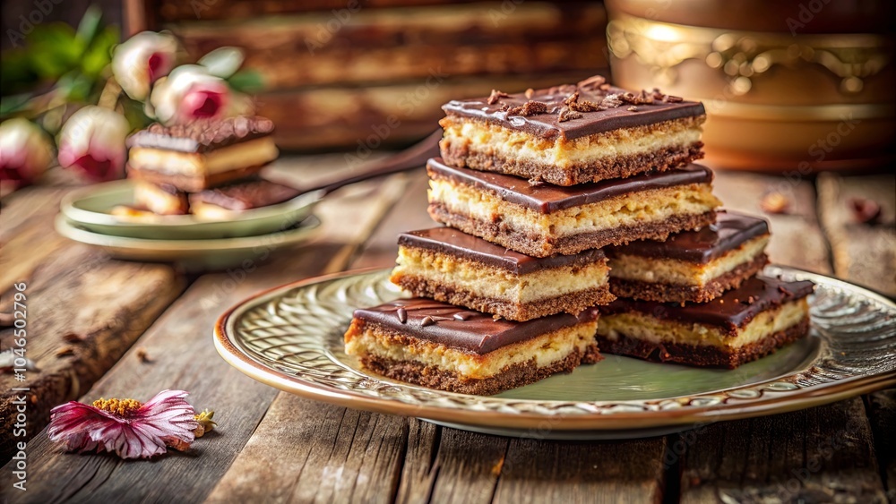 A stack of decadent chocolate-covered squares on a decorative plate, nestled amidst a rustic wooden background A stack of decadent chocolate-covered squares on a decorative plate, nestled amidst a rustic wooden background