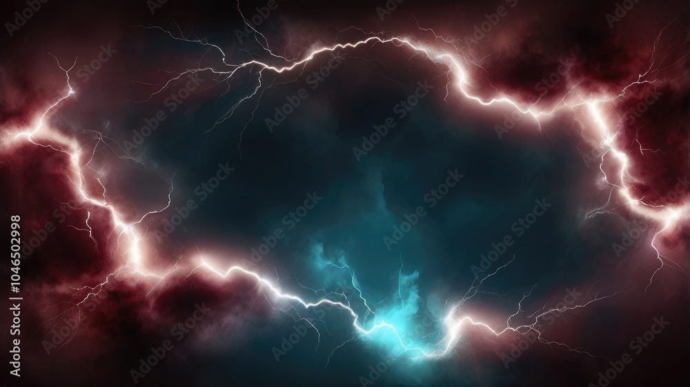 Fototapeta premium Thunder light Maroon and turquoise smoke cloud Realistic lightning glowing