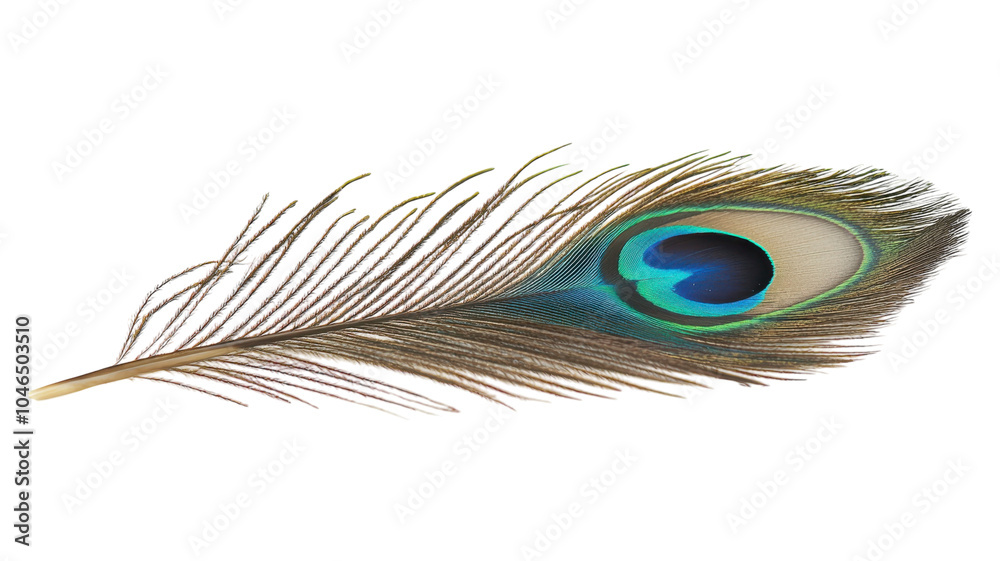 Fototapeta premium A vibrant peacock feather displaying iridescent colors against a transparent background in natural sunlight.