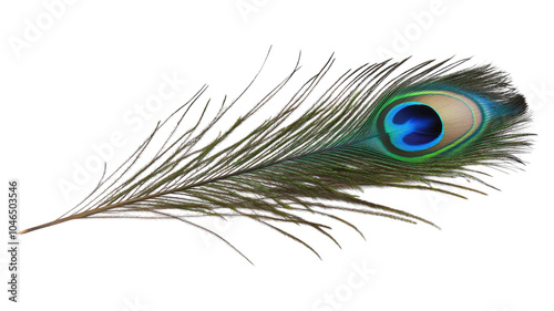 A close-up view of an iridescent peacock feather showcasing vibrant blue and green colors against a transparent background.