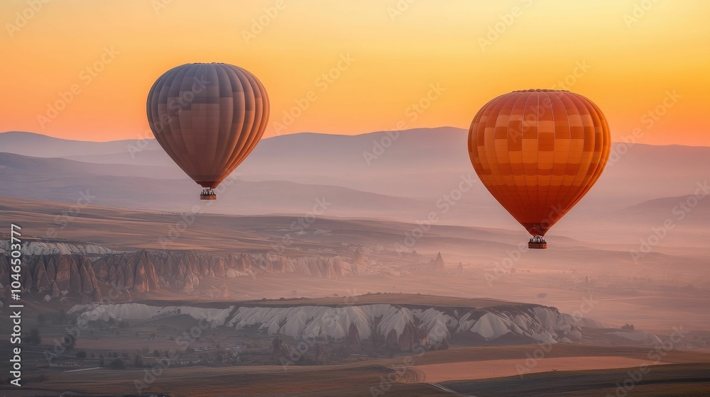 Naklejka premium Two hot air balloons are flying over a mountain range.