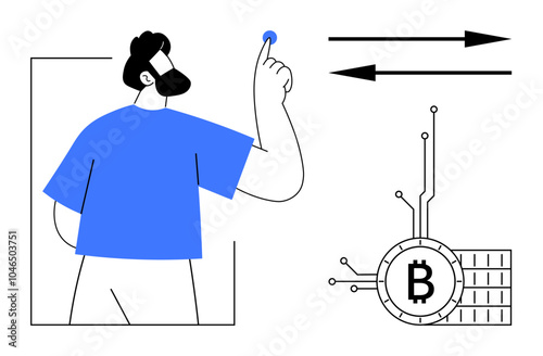 A man in blue shirt initiates a Bitcoin transaction by pressing a button. Arrows indicate exchange, and a Bitcoin symbol is shown. Ideal for cryptocurrency, fintech, blockchain, digital currency