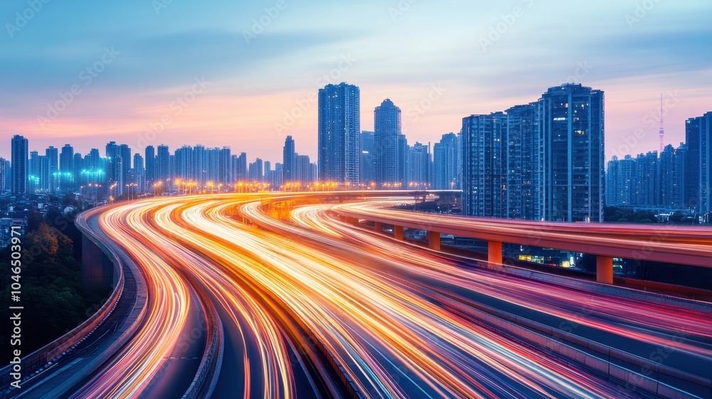 Dynamic cityscape light trails through urban architecture at dusk