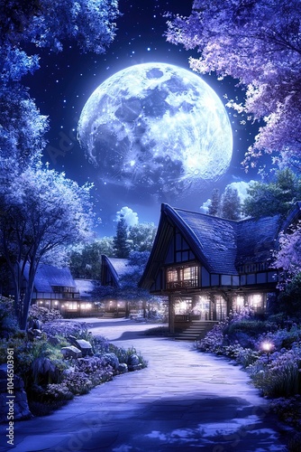Surreal illustration of a giant moon hovering over a peaceful village at night, soft colors, and dreamy atmosphere, vector style.