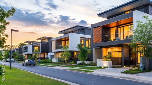 Modern residential architecture at sunset