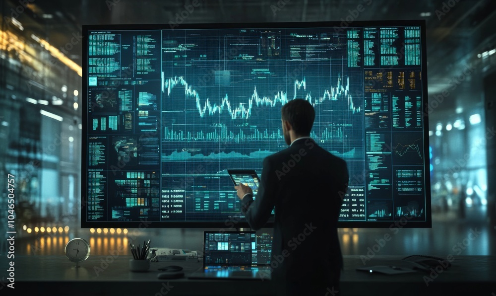 Businessman analyzing stock charts on a large digital screen, financial strategy, 3D illustration Businessman analyzing stock charts on a large digital screen, financial strategy, 3D illustration