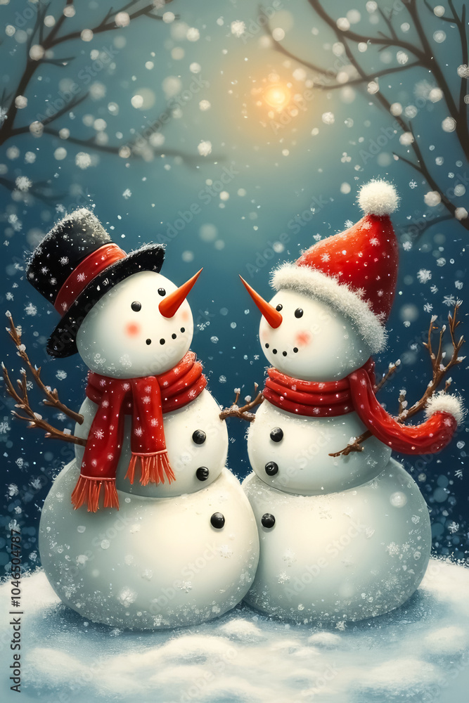 Two snowmen are standing next to each other in the snow Two snowmen are standing next to each other in the snow