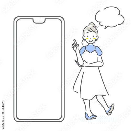 スマホの画面を指さす若い女性　シンプルでお洒落な線画イラスト